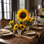 An image showcasing a rustic wooden dining table adorned with a vibrant sunflower centerpiece