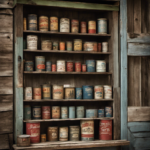 An image capturing the faded charm of an abandoned vintage shop, with weathered wooden shelves adorned with remnants of Americana Decor Primitive Paint cans, their once vibrant colors now muted and chipped