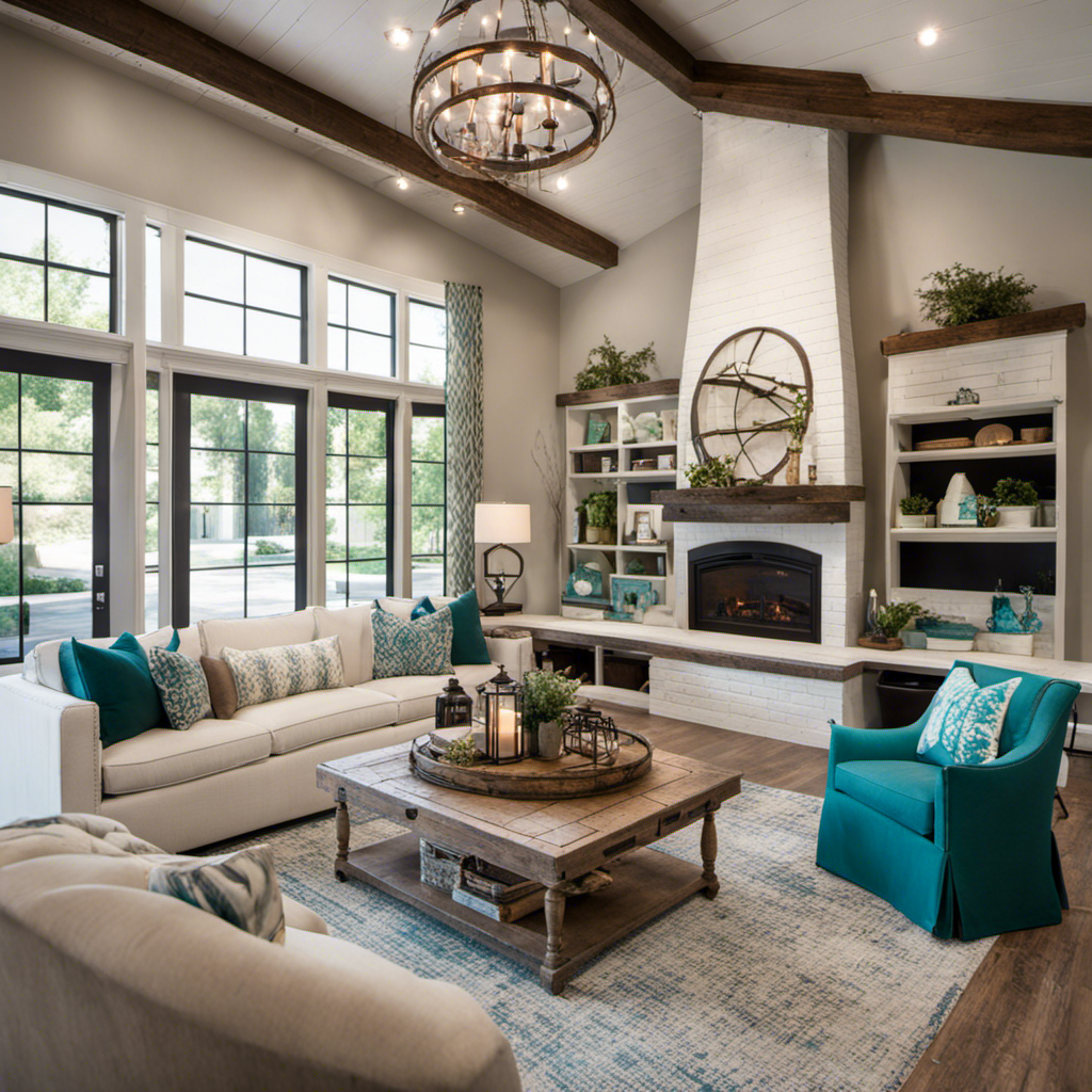 An image showcasing a beautifully renovated living room from "Fixer Upper," with a rustic-chic white brick fireplace, distressed leather sofa, reclaimed wood coffee table, and vibrant turquoise accents