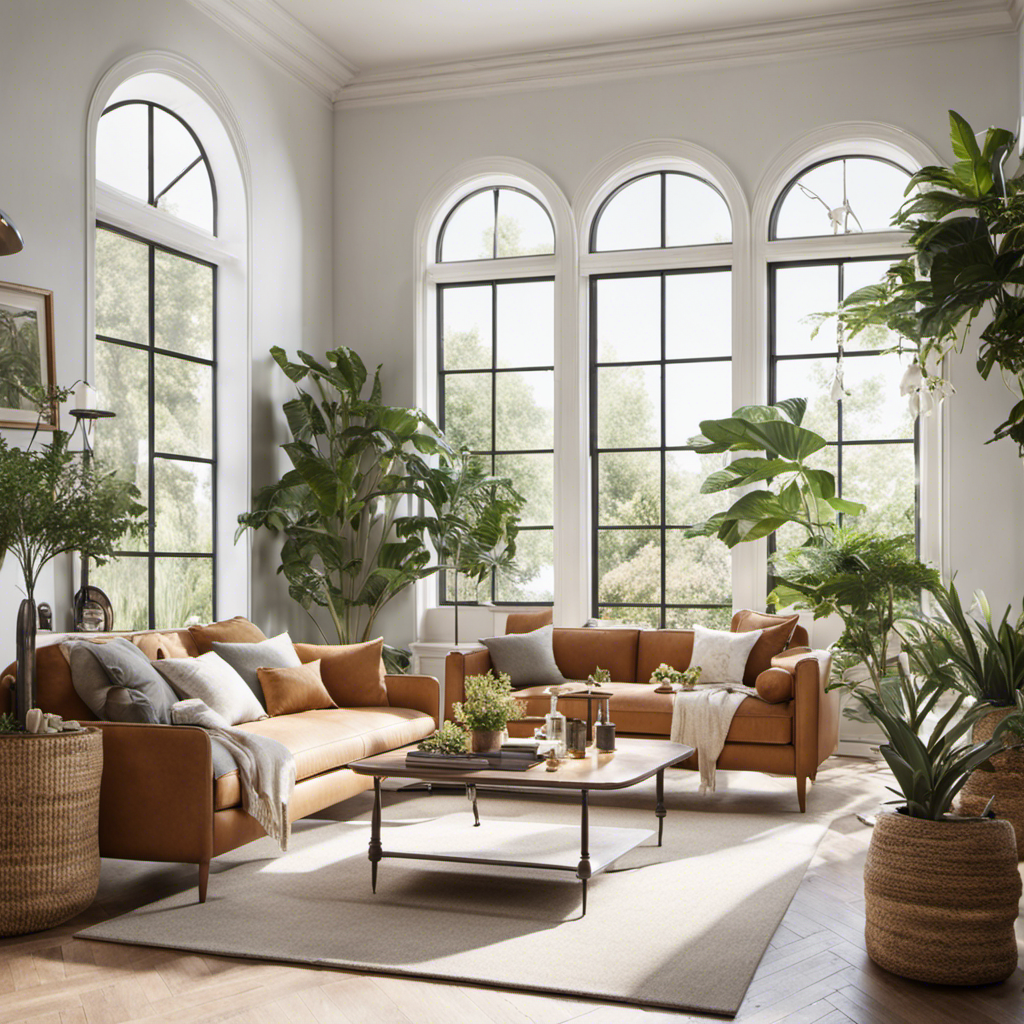 An image featuring a bright and airy living room with minimalist furniture, clean lines, and neutral colors