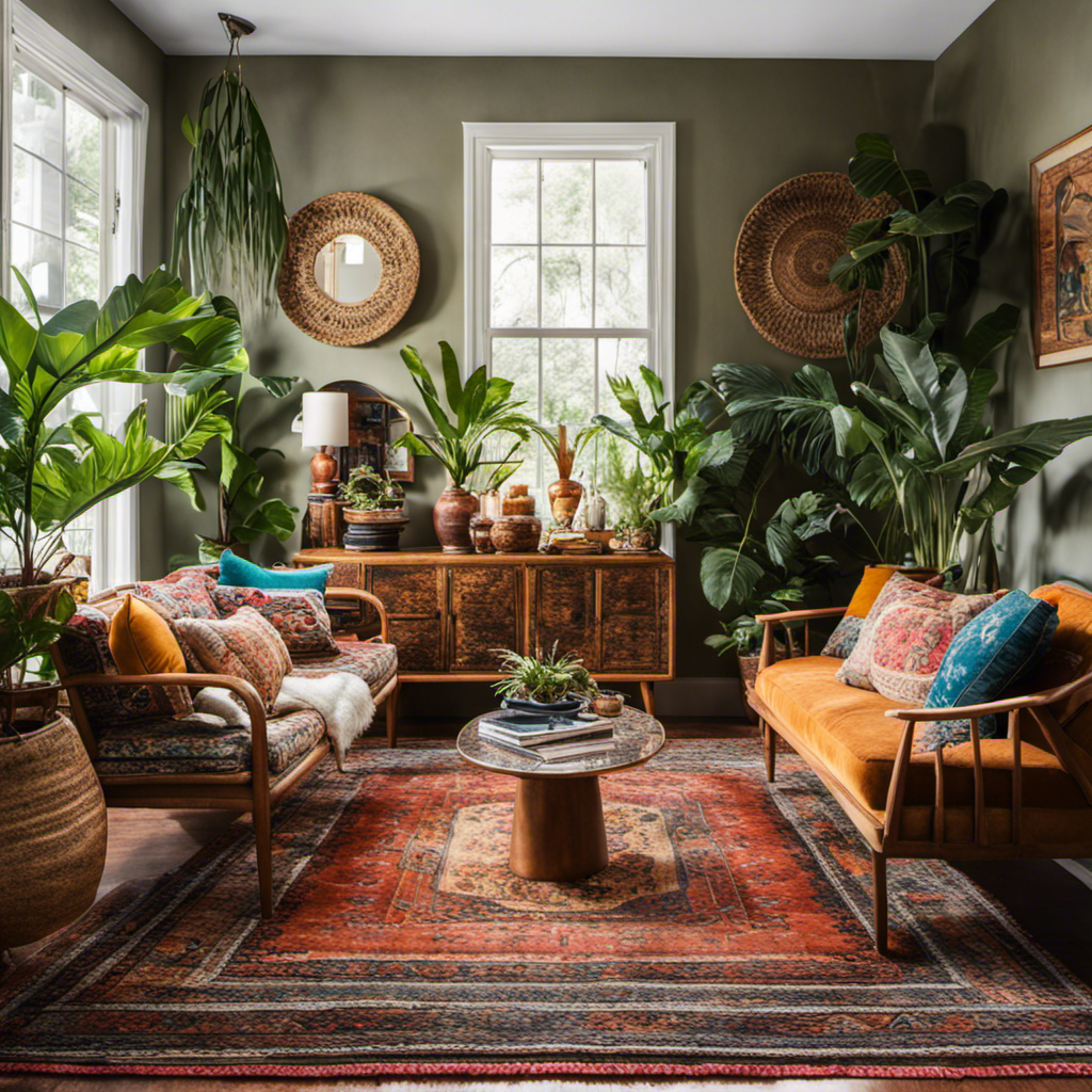 An image showcasing a cozy living room with vibrant, bohemian textiles, patterned rugs, and an eclectic mix of vintage furniture