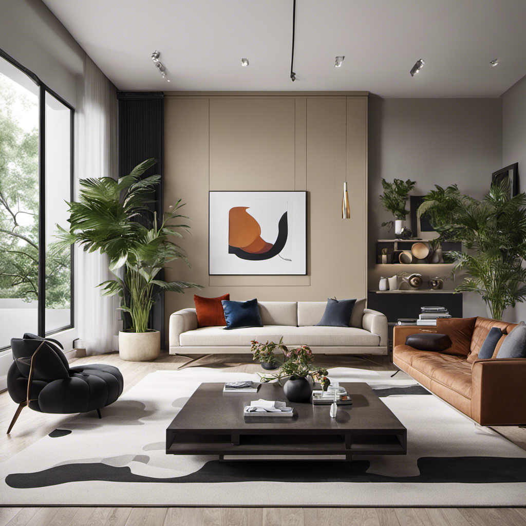 An image featuring a spacious living room adorned with sleek, minimalist furniture, showcasing a blend of neutral tones and pops of vibrant colors