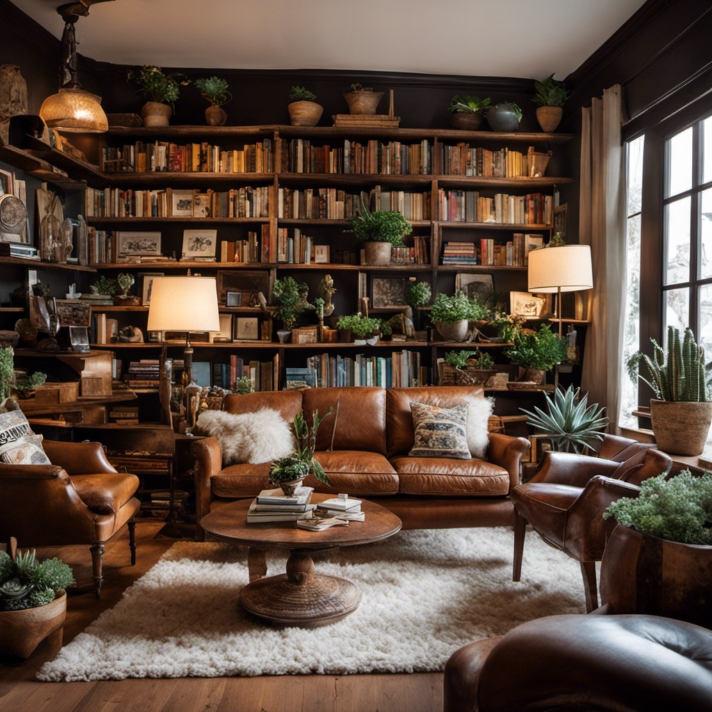 An image featuring a cozy living room adorned with a plush white shag rug, vintage leather armchairs, a distressed wooden coffee table, and shelves filled with an eclectic mix of books, succulents, and travel souvenirs