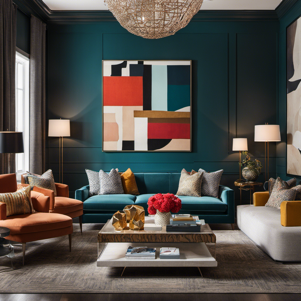 An image showcasing a living room with a vibrant accent wall adorned with geometric patterns, complemented by an elegant gallery wall displaying eclectic art pieces, adding depth and character to the space