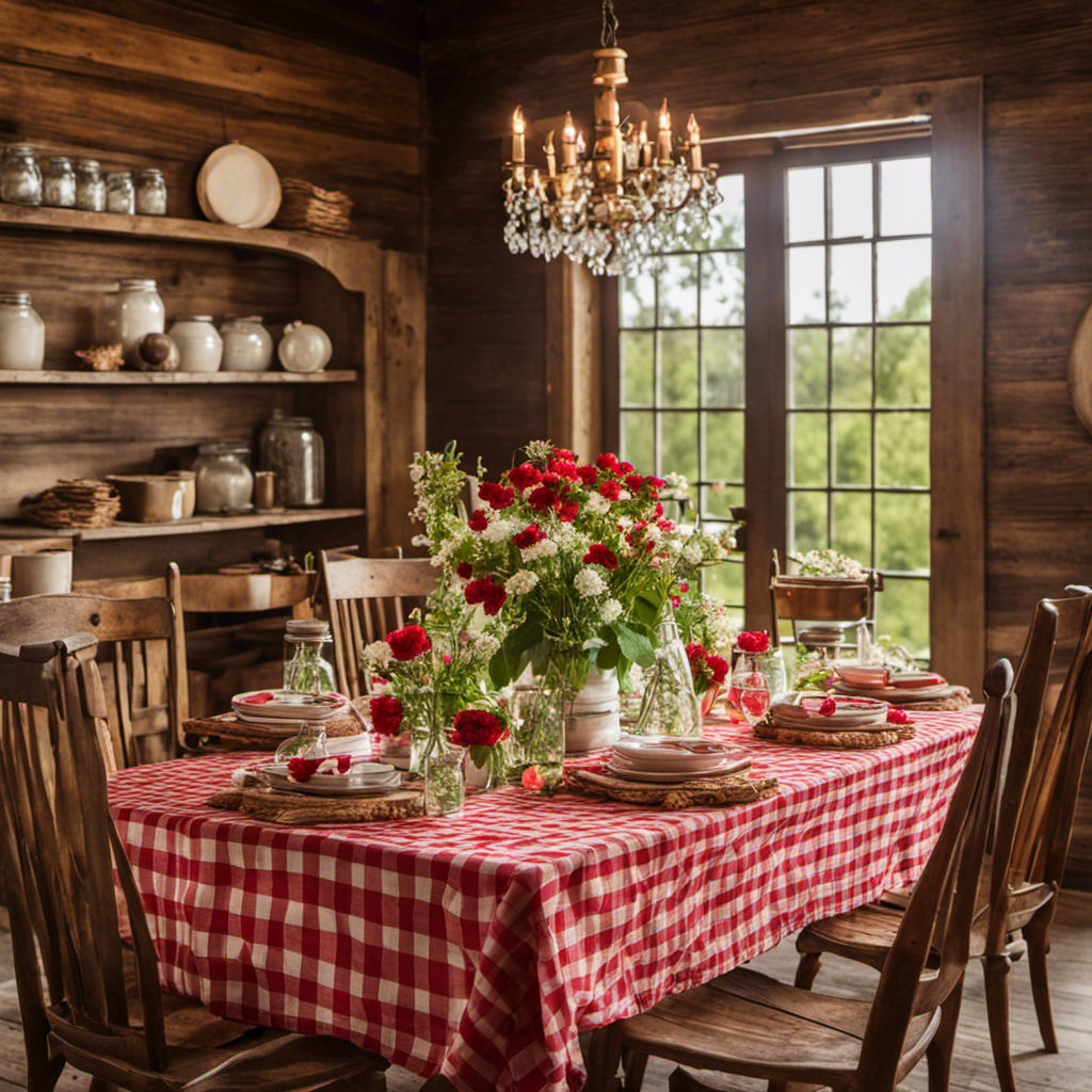 An image showcasing a cozy living room with a vintage red and white checkered tablecloth draped over a wooden table, adorned with mason jars filled with wildflowers, surrounded by rustic wooden chairs