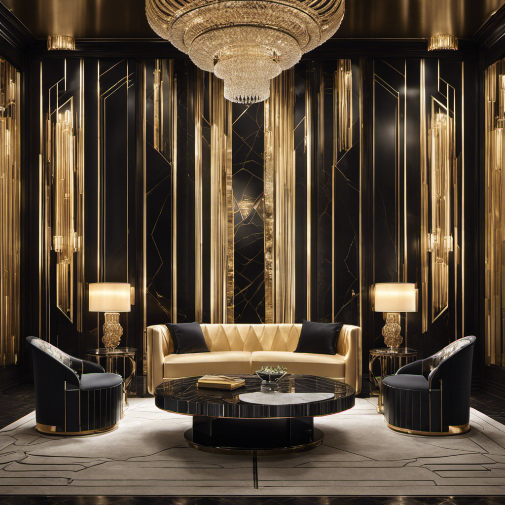 An image capturing the essence of Art Deco decor: a lavish, symmetrical room adorned with geometric patterns, sleek chrome furniture, and opulent chandeliers, all bathed in the soft glow of gold accents