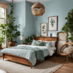 An image showcasing a cozy Airbnb room with walls painted in a serene shade of light blue, complemented by warm wooden furniture, crisp white linens, and accents of earthy green plants