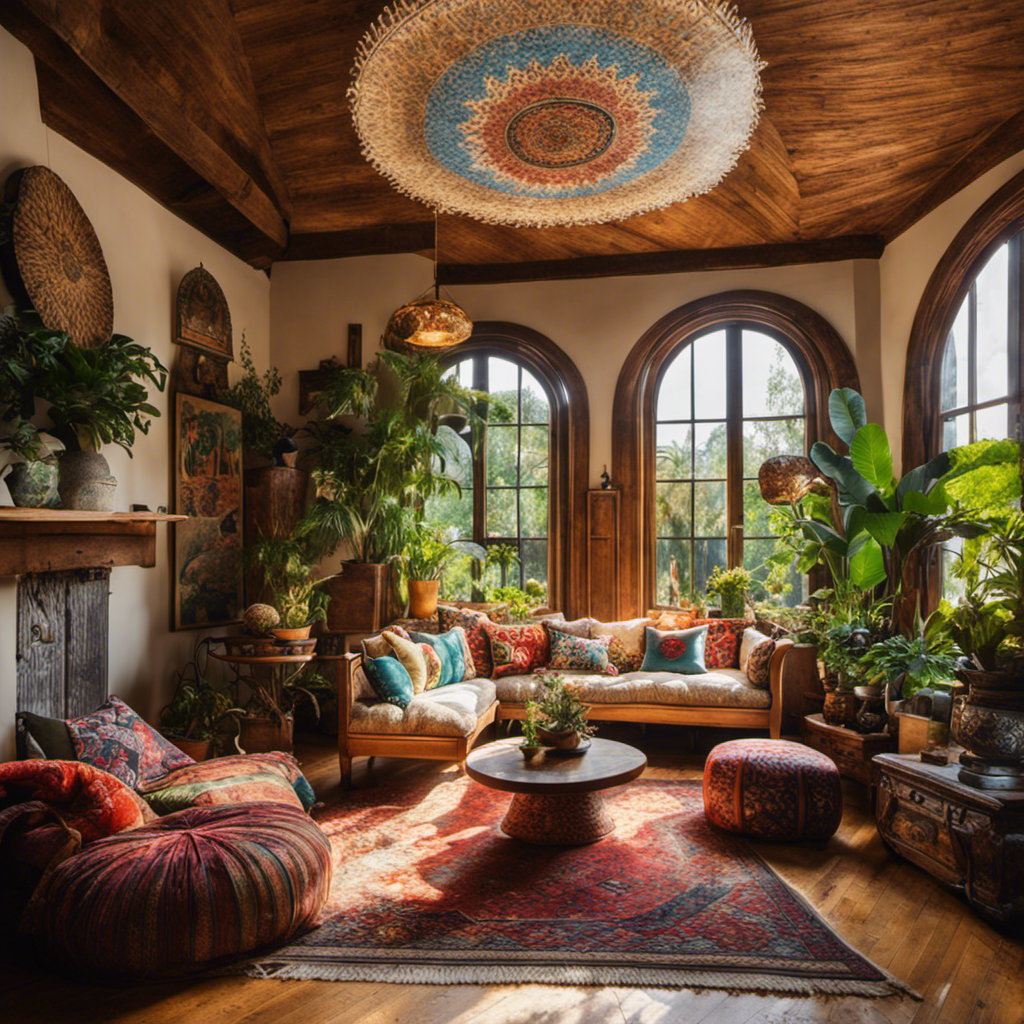 An image showcasing a cozy living room adorned with vibrant, patterned tapestries, lush floor pillows, and eclectic furniture