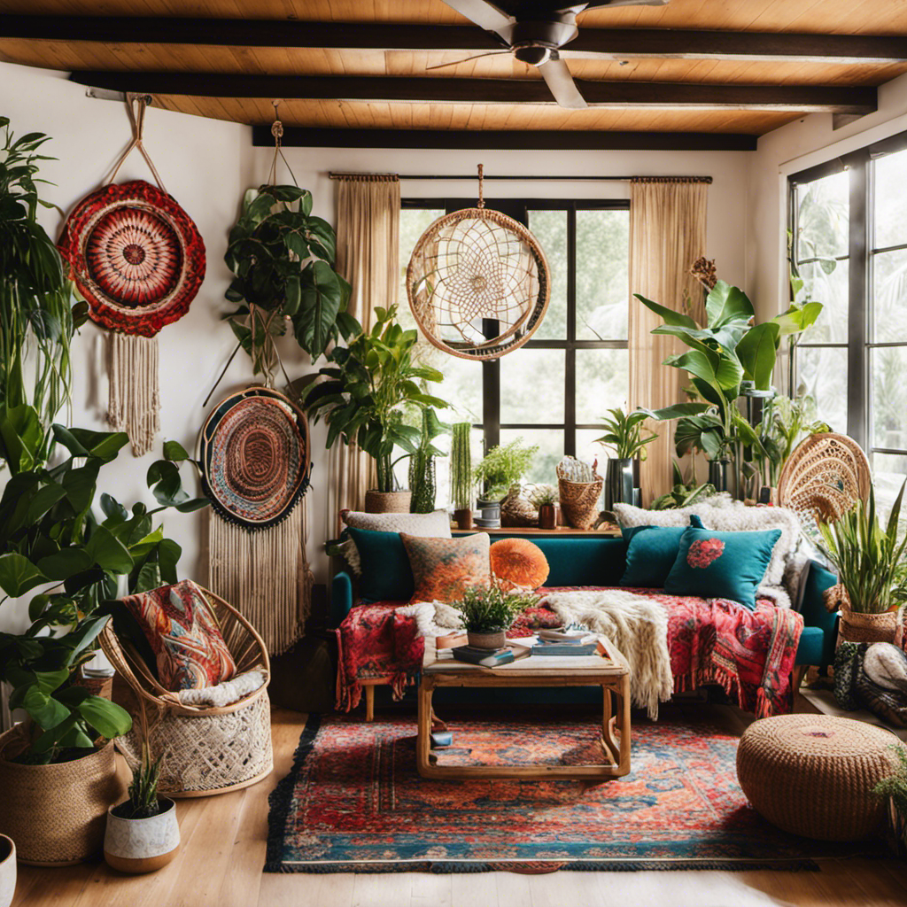 An image showcasing a cozy living room adorned with vibrant, patterned textiles, macrame wall hangings, and lush plants