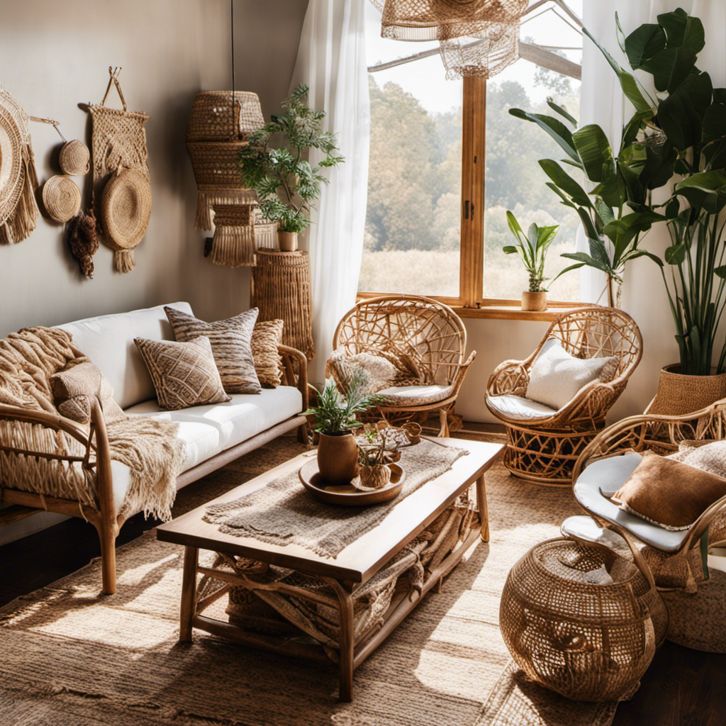 An image showcasing a cozy, sunlit living room with rattan furniture, layered textiles in earthy tones, hanging macramé planters, and an eclectic mix of vintage-inspired décor, capturing the essence of boho decor style