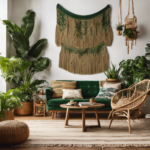 An image showcasing a cozy living room adorned with vibrant, patterned tapestries and pillows, a macrame wall hanging, a rattan chair with a soft throw, and an abundance of green plants