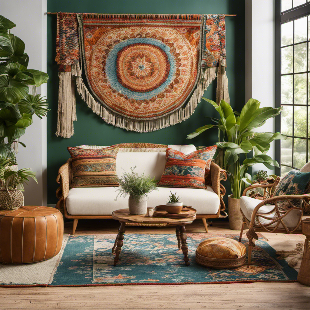 An image showcasing a cozy, sun-drenched living room adorned with vibrant patterned tapestries, lush green plants cascading from macrame hangers, and an inviting mix of eclectic furniture and textured pillows