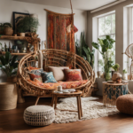 An image showcasing a cozy living room with a mix of vibrant patterns and textures, featuring an eclectic mix of vintage furniture, macrame wall hangings, floor cushions, and a rattan hanging chair, capturing the essence of boho style home decor