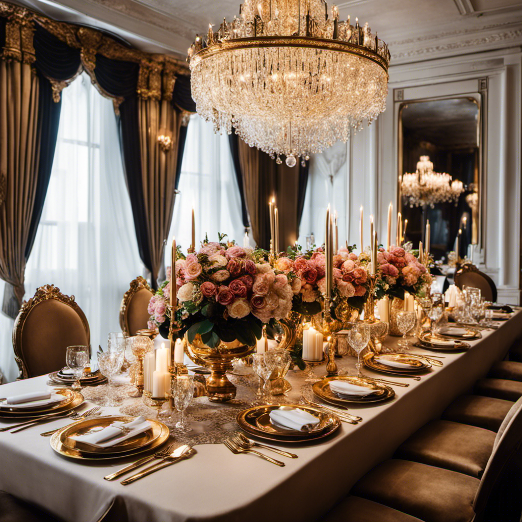 A visually stunning image capturing the essence of bougie decor: an opulent, chandelier-lit dining room adorned with lavish gold accents, plush velvet chairs, a grand table set with fine china, and a magnificent floral centerpiece