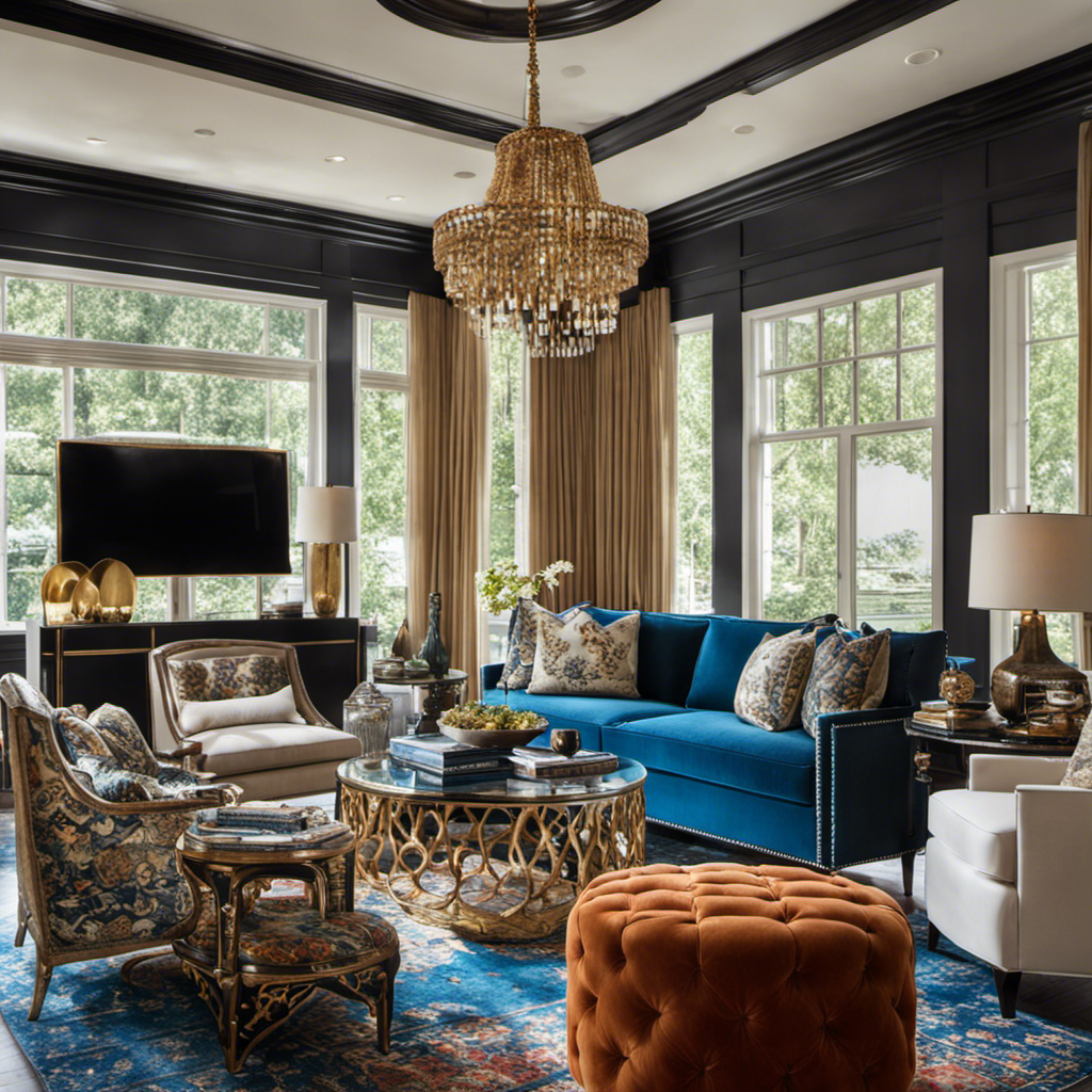 An image featuring a beautifully styled living room, adorned with an eclectic mix of unique furniture pieces, vibrant patterned rugs, and luxurious decorative accents