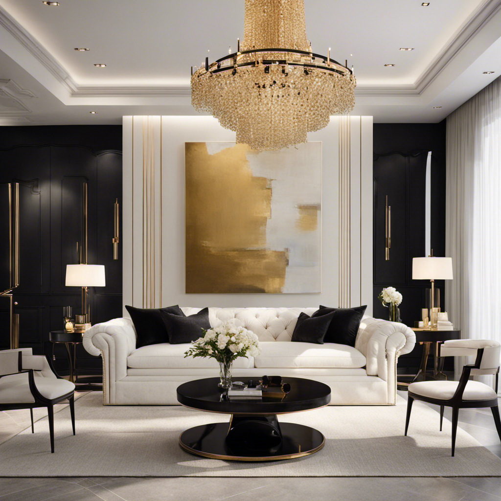 An image that showcases the epitome of chic decor: an elegantly minimalist living room with a plush ivory sofa, sleek black coffee table, golden accents, a statement chandelier, and a large abstract art piece adorning the wall