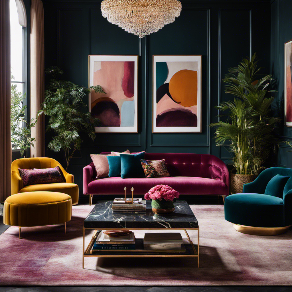 An image showcasing a cozy living room adorned with plush velvet cushions in vibrant jewel tones, an elegant marble coffee table, and a statement chandelier casting a warm glow over a curated collection of art and potted plants