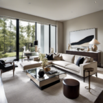 An image showcasing a sleek living room with clean lines, minimalistic furniture, and a neutral color palette