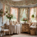 An image showcasing the enchanting world of Cottage Core decor: a sun-drenched, rustic farmhouse interior adorned with pastel floral wallpaper, vintage lace curtains, weathered wooden furniture, and delicate porcelain teacups
