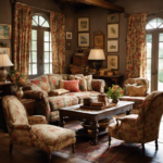 An image showcasing a cozy cottage living room, filled with vintage patterned armchairs, floral curtains, a rustic coffee table adorned with a vase of wildflowers, and a crackling fireplace surrounded by antique trinkets and framed family photos