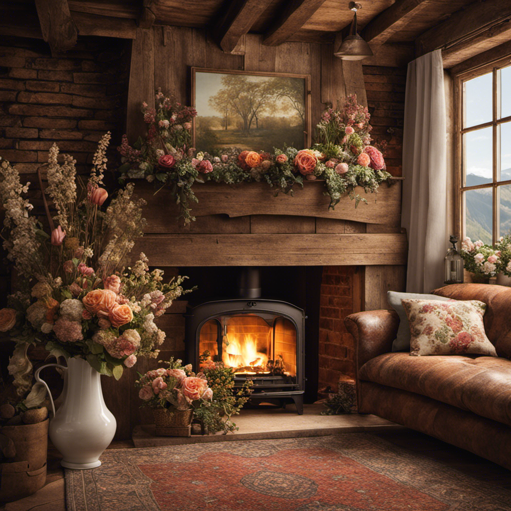 An image showcasing a cozy cottage interior with rustic wooden beams, exposed brick walls, vintage floral wallpapers, and a charming fireplace adorned with dried flower bouquets