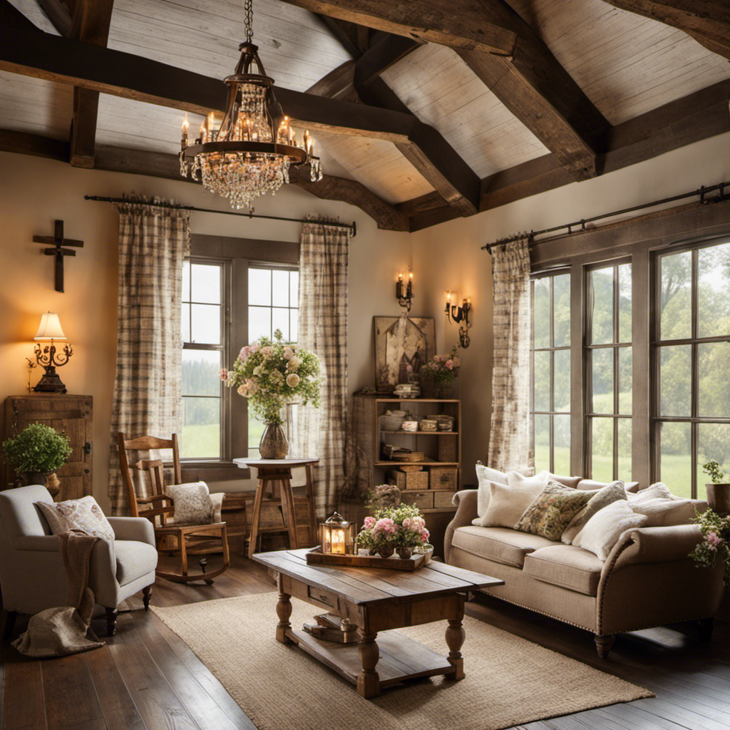 An image showcasing a cozy, rustic living room adorned with vintage wooden furniture, soft plaid blankets, and floral patterned cushions