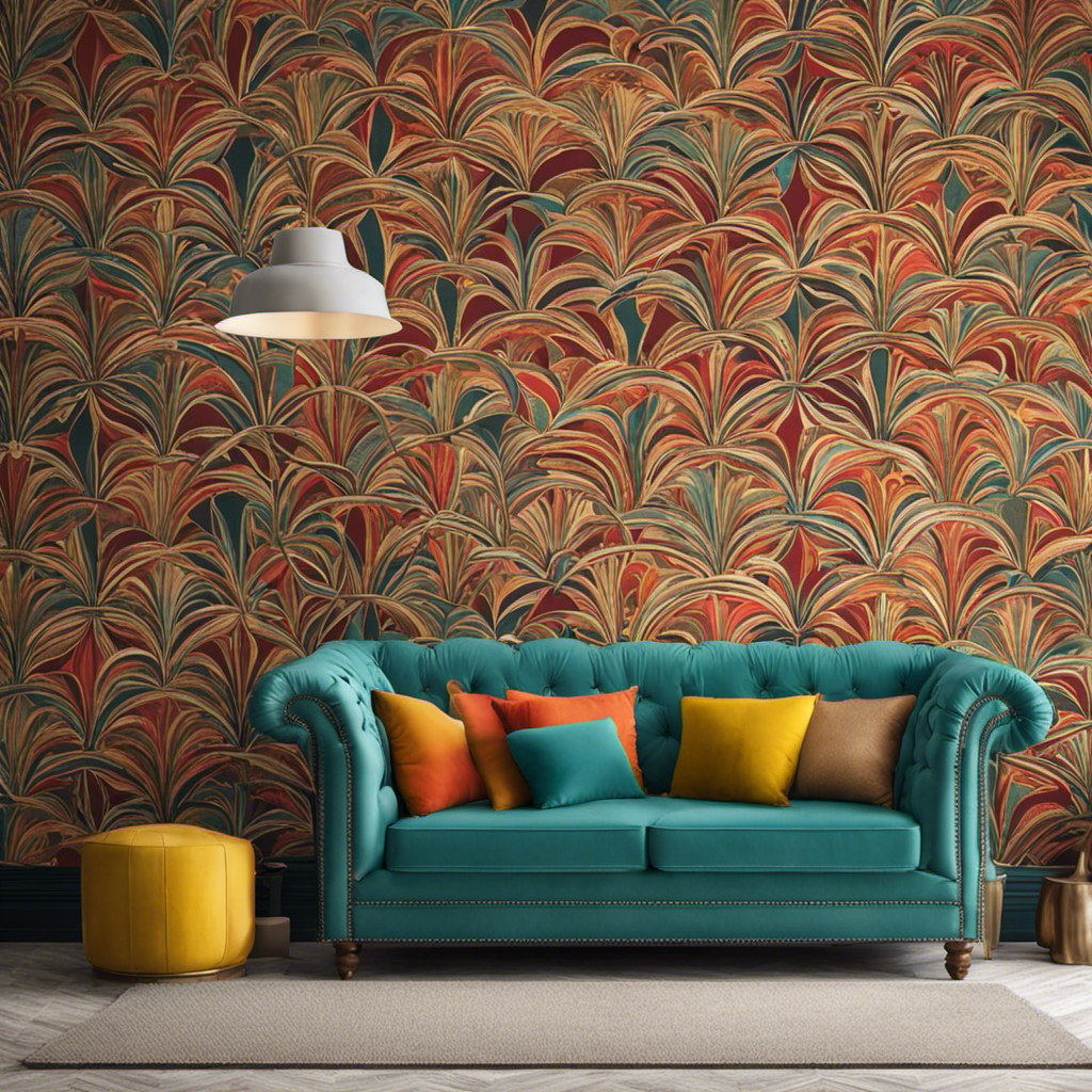 An image showcasing an intricately patterned living room wall, adorned with multiple wallpaper designs featuring vibrant colors, eclectic motifs, and varying textures, illustrating the concept of Decor Vein Syndrome