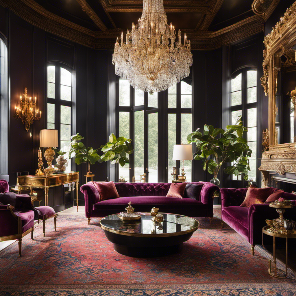 An image featuring an elegantly arranged living room decorated with plush, jewel-toned velvet sofas, gilded side tables adorned with delicate porcelain vases, and a statement chandelier casting warm, ambient light onto a handwoven Persian rug