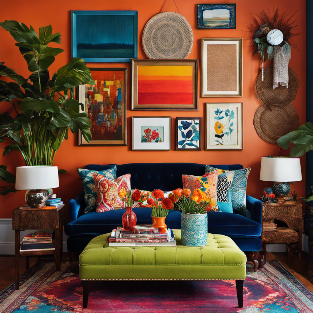 An image showcasing a vibrant living room with an intriguing blend of patterns, textures, and colors