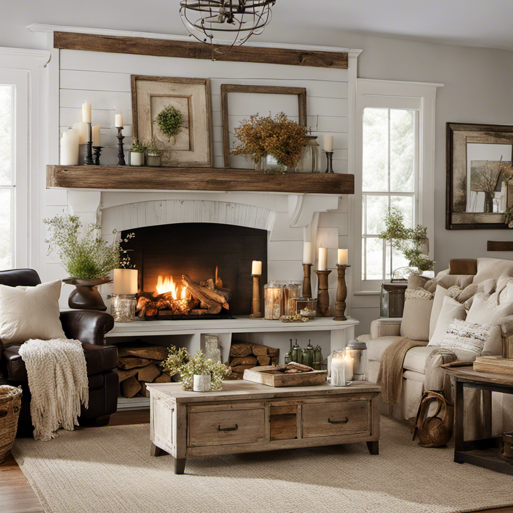An image showcasing a cozy living room adorned with weathered wooden furniture, distressed white walls, vintage mason jars transformed into wall sconces, and an inviting fireplace with a rustic mantel adorned with dried flowers
