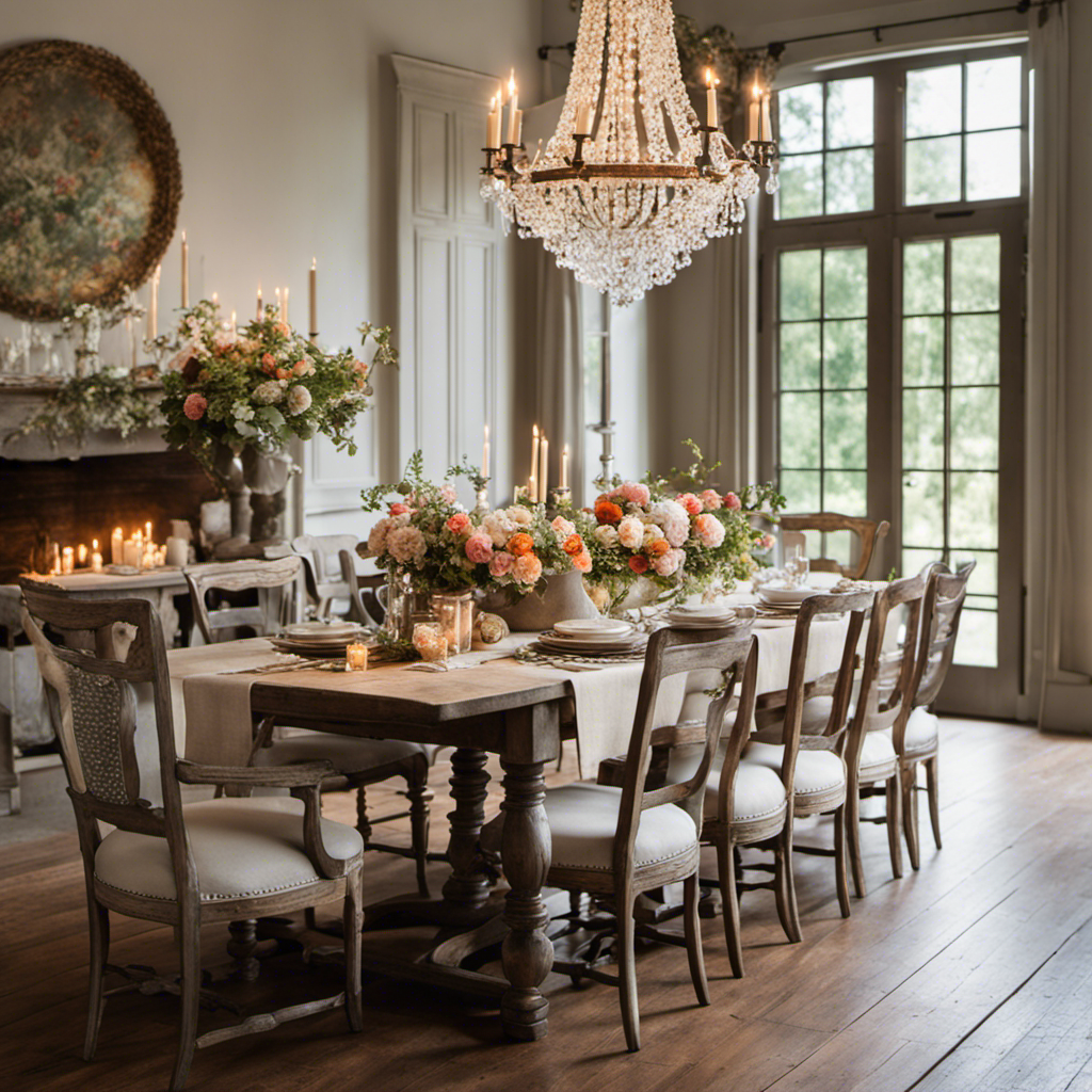 An image showcasing a rustic, wooden dining table adorned with a classic French linen tablecloth and delicate floral arrangements in a vintage pitcher