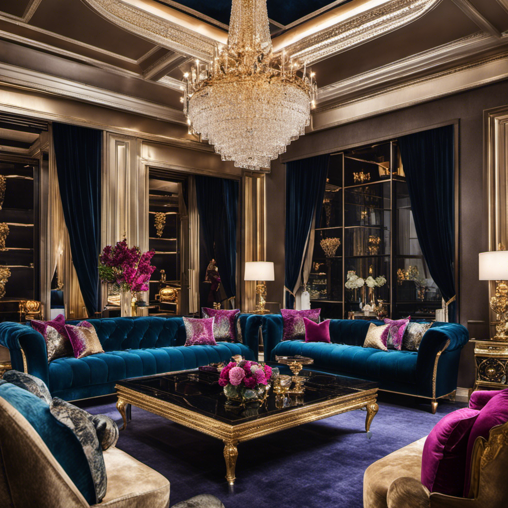 An image showcasing a luxurious living room adorned with opulent velvet furniture in vibrant jewel tones, sparkling crystal chandeliers hanging from a high ceiling, and gilded accents adding a touch of glamour to the space