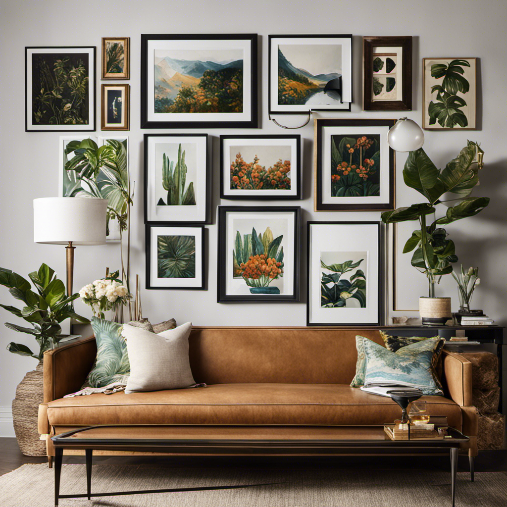 An image showcasing an eclectic gallery wall with various sizes and styles of framed art, including abstract paintings, botanical prints, and vintage photographs, arranged harmoniously to inspire readers on what makes a visually stunning wall decor
