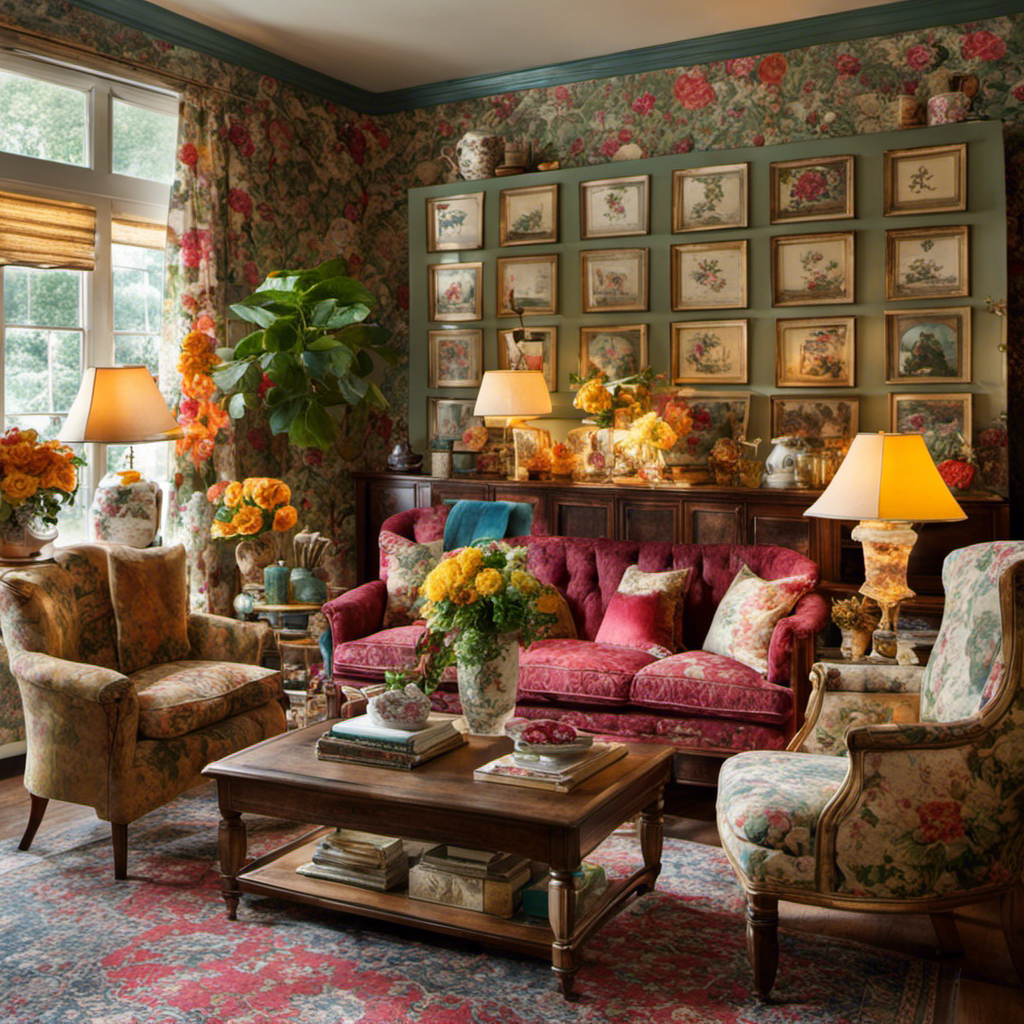 An image showcasing a cozy living room adorned with vintage-inspired floral wallpaper, an eclectic mix of antique furniture, dainty lace curtains, and a vibrant collection of heirloom china displayed in a glass cabinet