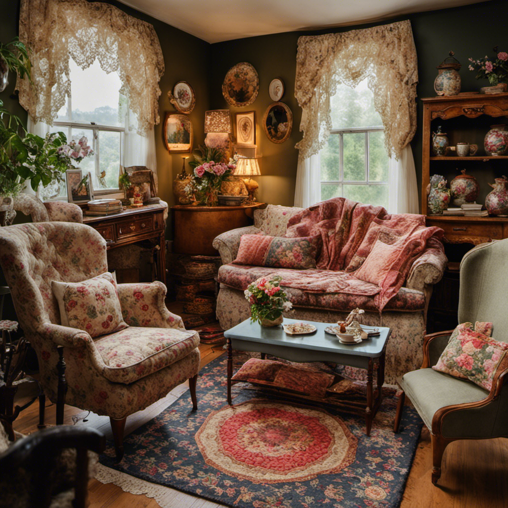 An image showcasing a cozy living room adorned with velvety floral upholstery, delicate lace curtains, vintage porcelain trinkets, and a charmingly worn-out quilt draped over a rocking chair - a quintessential example of Granny Chic decor