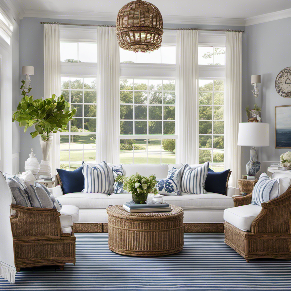 An image showcasing a bright and airy living room with white-washed wooden furniture, striped navy and white cushions, nautical accents, and large windows adorned with sheer white curtains, epitomizing the timeless elegance of Hampton style decor