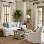 An image showcasing a sun-soaked, airy living room adorned with crisp white slipcovered sofas, nautical striped pillows, weathered wood coffee table, seashell accents, and breezy sheer curtains billowing from open French doors