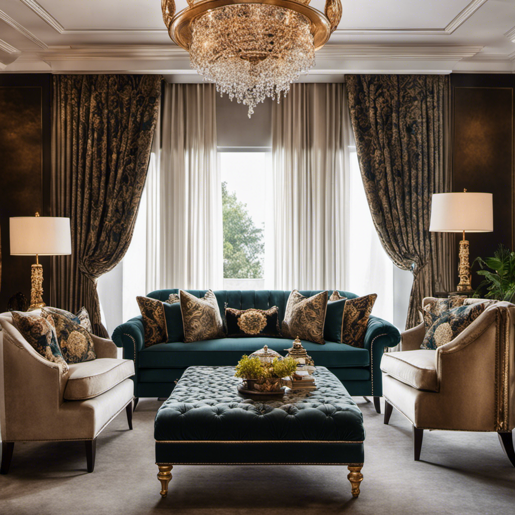 Lly captivating image showcasing a luxurious living room, adorned with intricately patterned drapes, plush velvet cushions, and exquisitely embroidered throw pillows, all highlighting the essence of home decor fabric