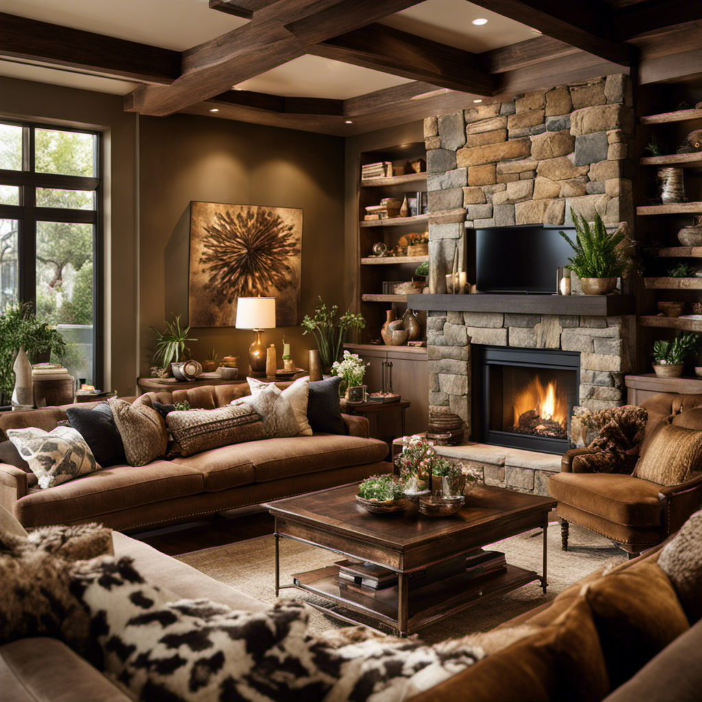 An image that showcases a cozy living room with plush, earth-toned sofas adorned with textured throw pillows
