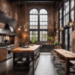 An image showcasing a spacious loft with exposed brick walls, rustic wooden beams, and large factory-style windows