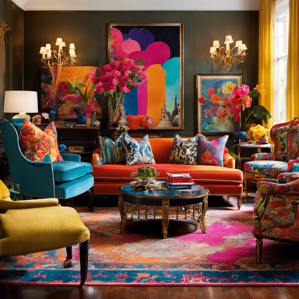 An image showcasing a vibrant living room: A lavish space adorned with an eclectic mix of bold patterns, ornate furniture, and an abundance of decorative objects, all harmoniously coexisting in a riot of colors