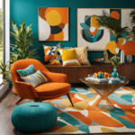 An image showcasing a mid-century modern living room, featuring sleek furniture with clean lines, bold geometric patterns on the rug and throw pillows, and a vibrant color palette of teals, oranges, and yellows