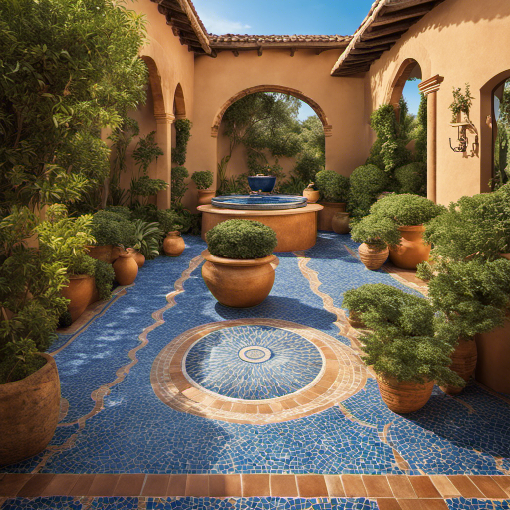 An image showcasing a sun-drenched terracotta patio adorned with vibrant blue mosaic tiles, surrounded by lush greenery and potted citrus trees, capturing the essence of Mediterranean decor