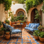 An image showcasing a sun-drenched patio adorned with vibrant blue and white mosaic tiles, terracotta pots overflowing with lush greenery, and wrought iron furniture adorned with colorful cushions, epitomizing the timeless charm of Mediterranean style decor