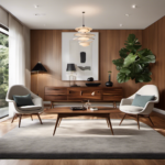 An image showcasing a spacious living room with clean lines, warm wood tones, and sleek furniture