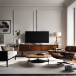 An image featuring a sleek and minimalist living room with clean lines, iconic furniture pieces like the Eames Lounge Chair, a vibrant abstract painting, a sunburst clock, and a classic record player on a vintage sideboard