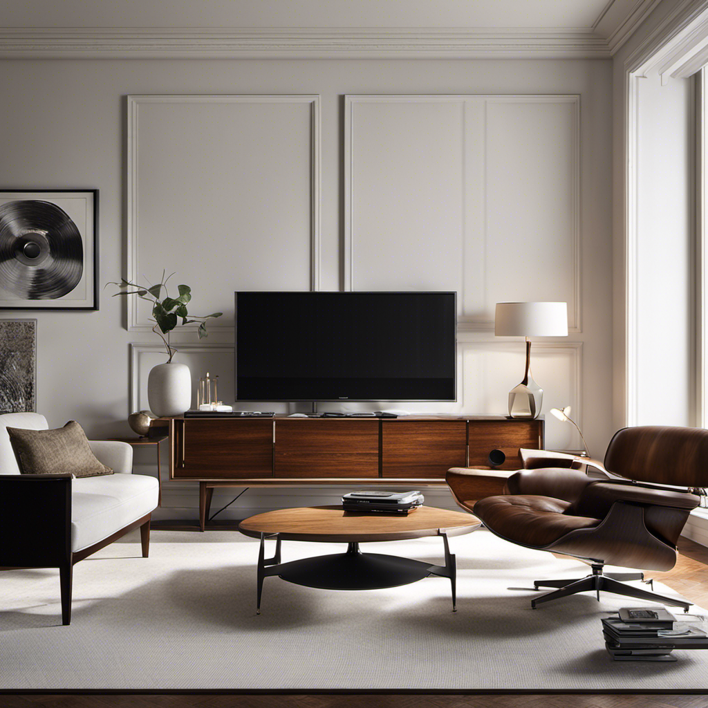 An image featuring a sleek and minimalist living room with clean lines, iconic furniture pieces like the Eames Lounge Chair, a vibrant abstract painting, a sunburst clock, and a classic record player on a vintage sideboard