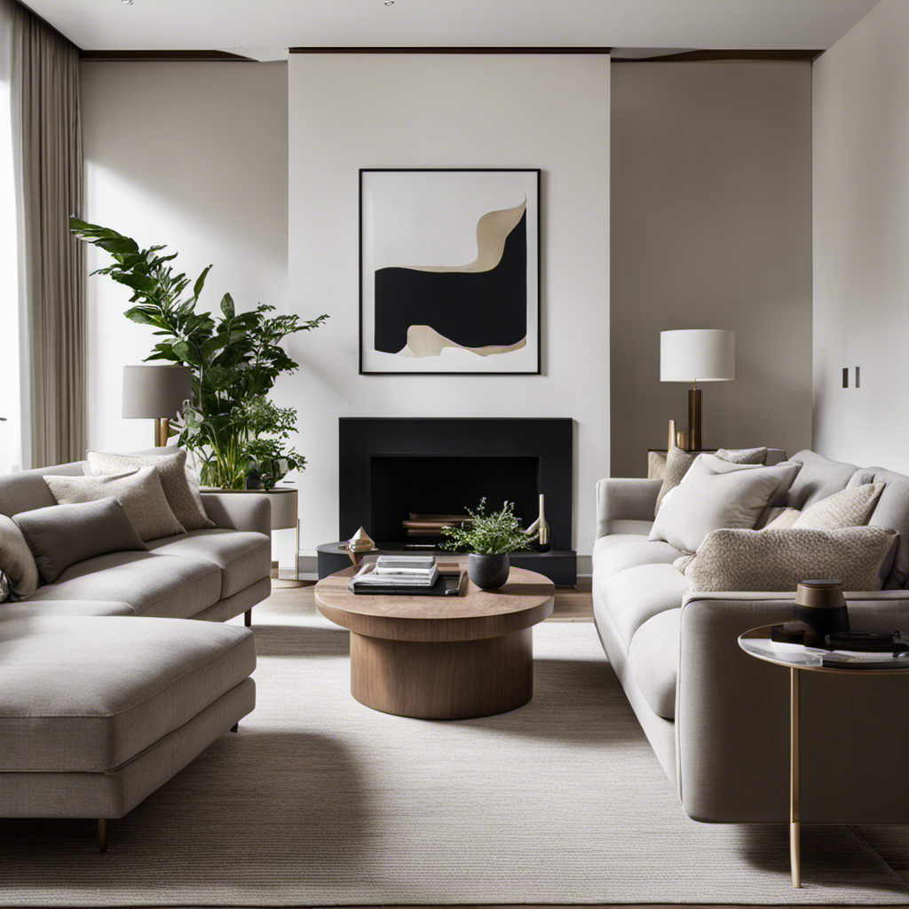 An image showcasing a serene living room with clean lines, neutral tones, and uncluttered surfaces