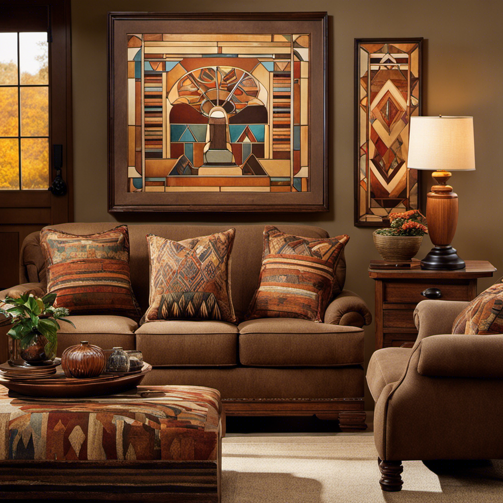 An image showcasing a cozy living room adorned with warm earth tones, oak furniture with clean lines, stained glass lamps casting a soft glow, and intricate Native American-inspired patterns on textiles and artwork
