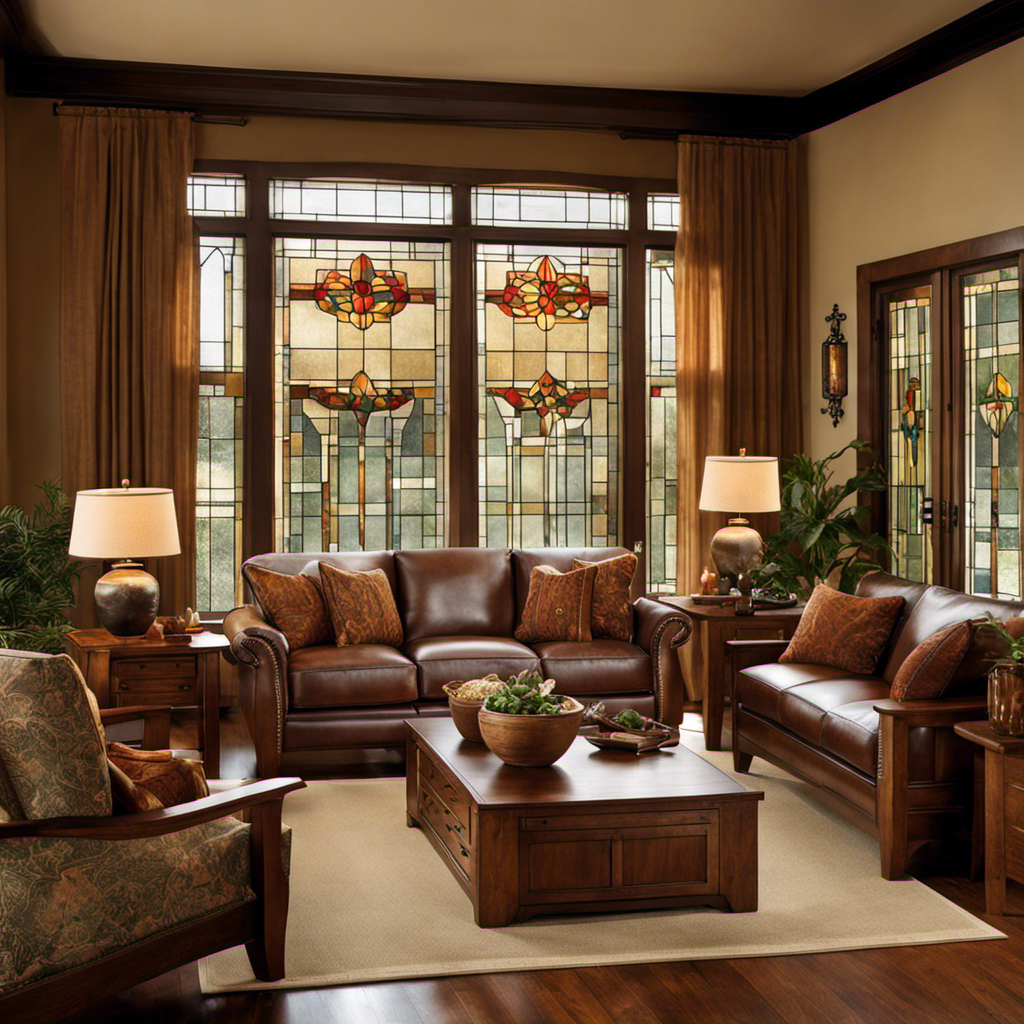 An image capturing the essence of Mission Style Decor, featuring a warm living room adorned with rich, handcrafted wooden furniture, earthy tones, stained glass accents, and cozy textiles exuding a sense of timeless elegance and simplicity